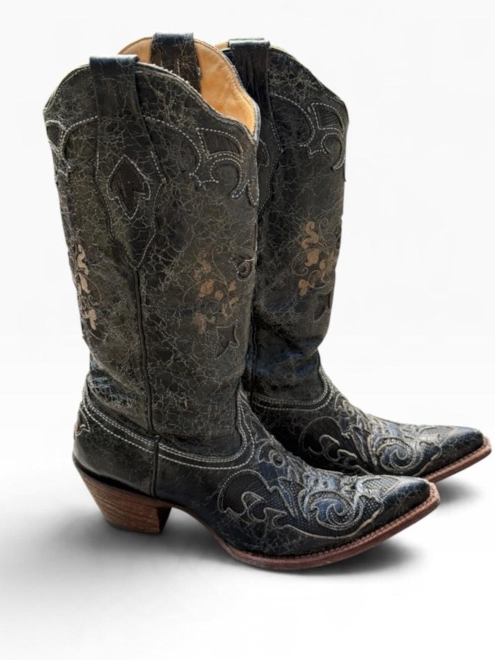 Corral Vintage Crackled Black Goatskin Cowboy Western Boots Lizard Inlay 7.5